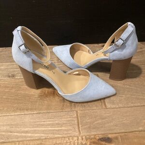 Joe Fresh Light Blue Suede Pointed Toe Block Heel Pumps with Ankle Strap